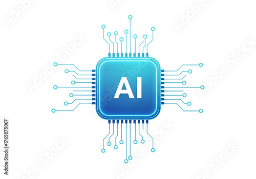 Glowing blue ai chip with intricate circuitry and connections isolated on transparent background