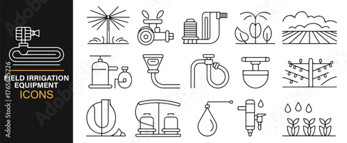Linear icons showing irrigation equipment and crop watering technology.