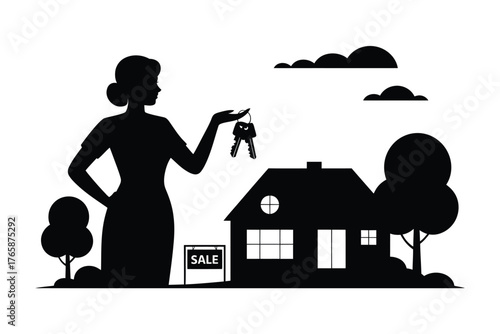 Woman holding keys to a house with a sale sign