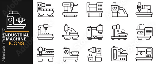 Machine and manufacturing equipment thin line symbols for industry.