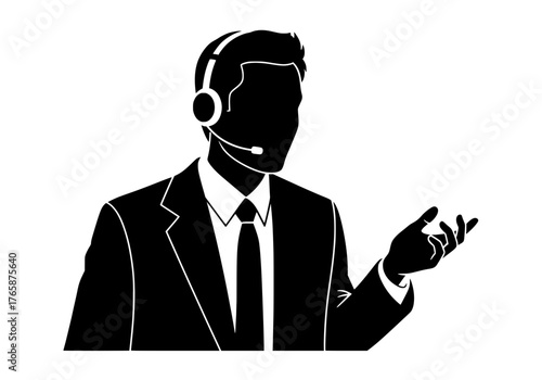 Professional call center agent vector silhouette wearing a headset and suit actively communicating and providing support