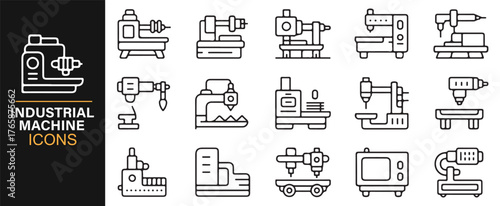 Line art factory machinery symbols for technology and workshop use.