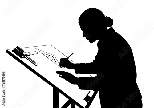 Professional female architect vector silhouette working at a drafting table designing blueprints and technical plans for construction