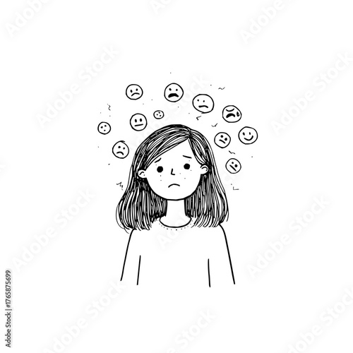 Illustration of a sad girl with shoulder length hair surrounded by floating emotion face icons in black and white