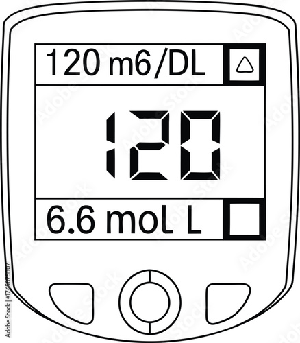 Blood glucose meter showing sugar level 120 mg per dL illustration