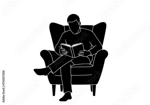 Relaxed adult man reading a book comfortably seated in a classic armchair vector silhouette graphic illustration