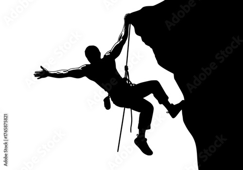 Rock climber silhouette vector illustration of a person ascending a cliff face with rope and harness