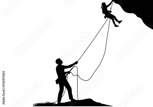 Rock climbing vector silhouette illustration showing two climbers rappelling and belaying an active outdoor sport