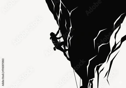 Rock climber vector silhouette ascending a steep mountain cliff face with rope and gear showing adventure