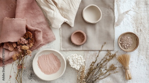 Soft pink and beige still life with dried flowers and fabrics