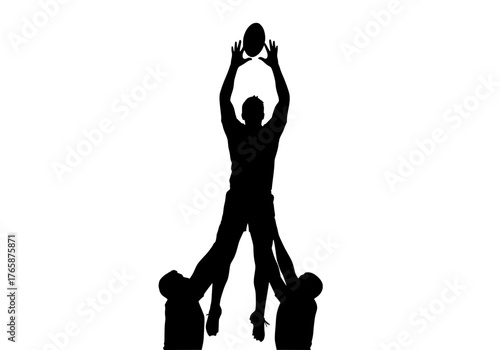 Rugby lineout vector silhouette showing players jumping to catch the ball during an intense sports match