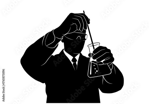 Scientist performing laboratory experiment with beaker and stirring rod vector silhouette illustration for scientific research and education