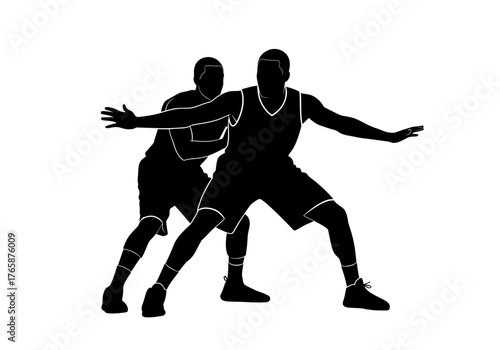Two basketball players vector silhouette in a dynamic defensive stance preparing to compete in an intense basketball game