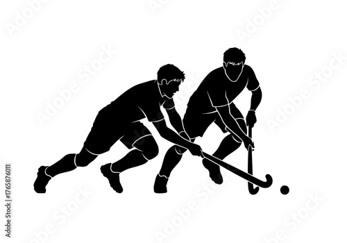 Two male field hockey players engaged in dynamic action for the ball vector silhouette graphic for sports design