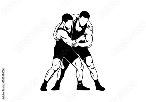 Two male wrestlers grappling in a dynamic black vector silhouette illustration showcasing competitive combat sport