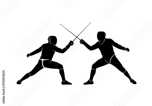 Two fencers silhouette vector graphic engaged in an intense fencing duel with foils on a clean white background