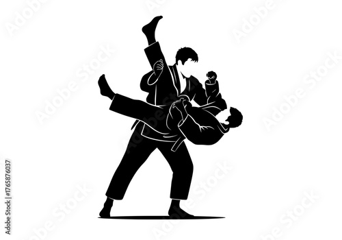 Two martial artists fighting with a dynamic judo throw technique in a powerful vector silhouette