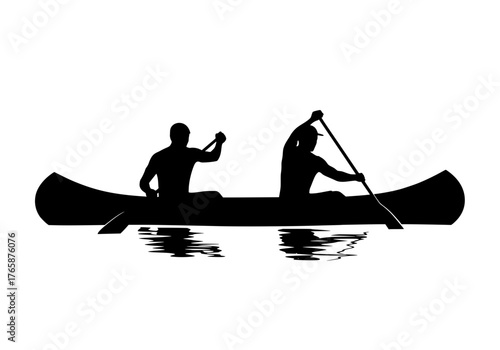 Two people paddling a canoe vector silhouette with water reflection on white background representing teamwork and outdoor adventure