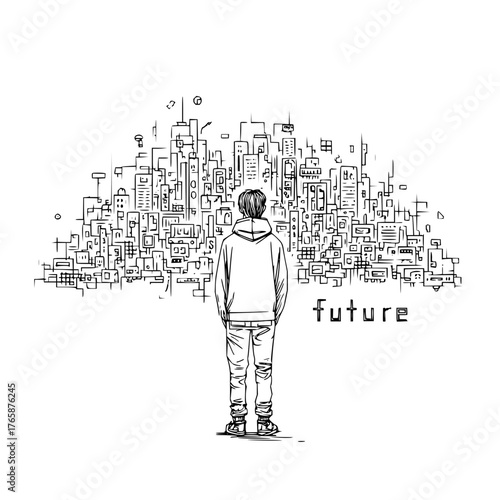 A person looking at a cityscape sketch with the word future written next to it on a white background