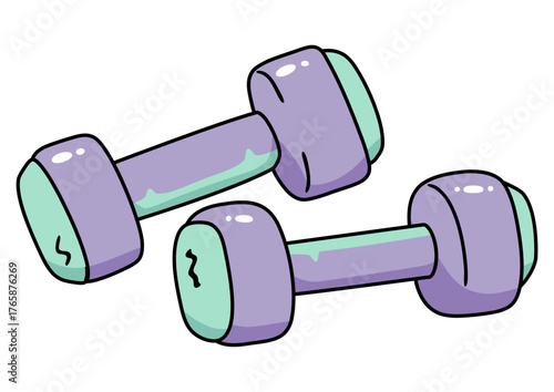 Two purple and turquoise dumbbells. Fitness equipment for strength training and workout exercises.
