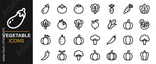 Healthy diet outline icons with fresh vegetables and garden produce.