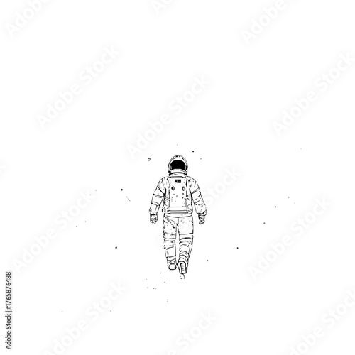 A lone astronaut walking away on a white background with small specks scattered around the figure in space