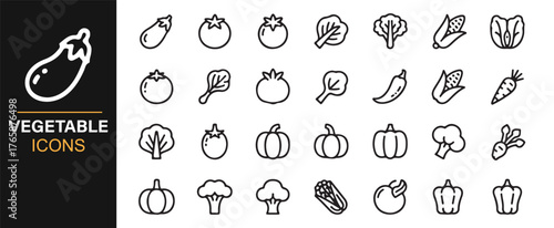 Linear food icons showing assorted vegetables for vector artwork.