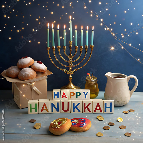 Happy hanukkah celebration with menorah sufganiyot and gelt
