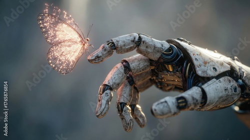 Wallpaper Mural A close-up of a humanoid robot’s finger gently touched by a beautiful butterfly, symbolizing harmony between technology and nature, highly detailed, realistic textures, soft natural lighting
 Torontodigital.ca