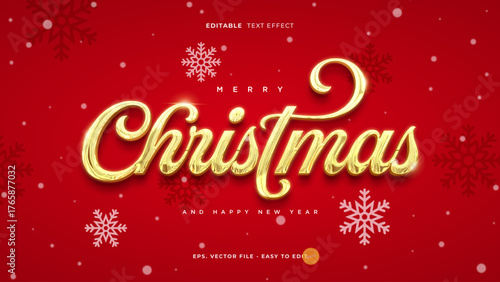 Golden Merry Christmas Text Effect on Red Background.
