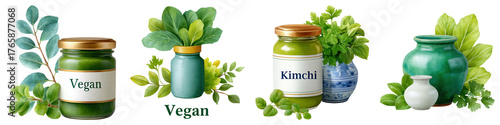 Korean street food Jars of vegan and kimchi products with green herbs.