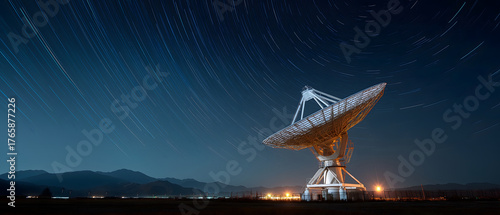 Data stream light trails: Satellite dish looks like searching for unknown in dark sky. light trails reveal secrets of data stream
