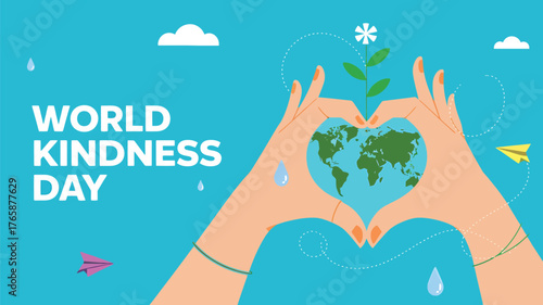 Vector art of world kindness day message with hands forming a heart shape around a green world map on a bright blue background with clouds and paper planes