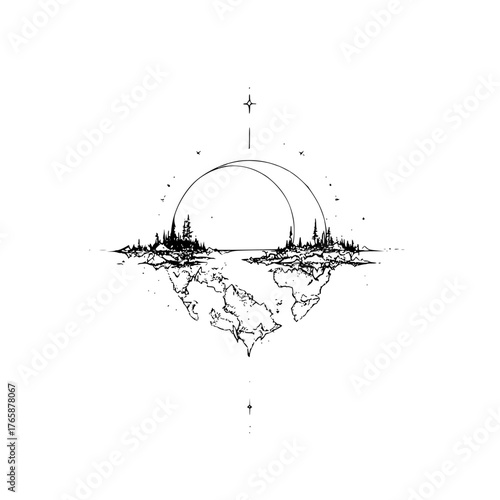 Monochrome drawing of a floating landmass with trees under a crescent moon and a star above it all