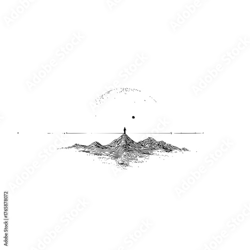A lone figure stands atop a mountain range under a dotted sky with a horizon line in black and white