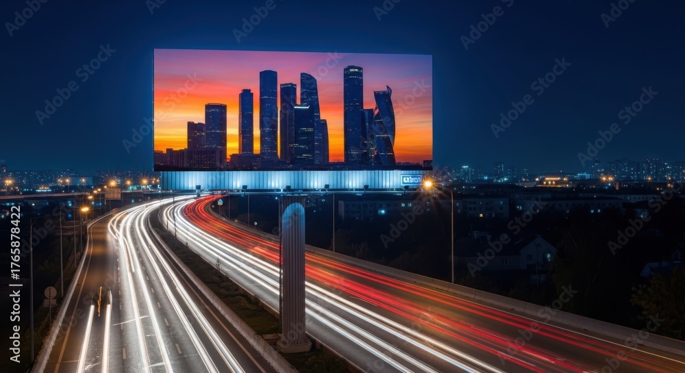 Fototapeta premium Vibrant cityscape billboard over streaking light trails highway at dusk dynamic urban night photography