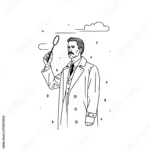 Man with mustache in coat holding magnifying glass with cloud and stars in a line art illustration