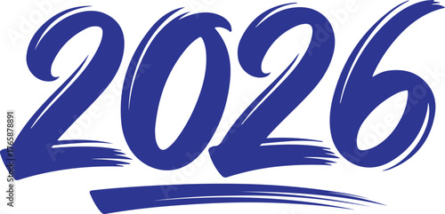 Bold blue brush stroke calligraphy year 2026 with a flourish symbolizing future possibilities and celebration