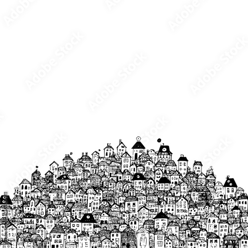 Detailed black and white drawing of a dense cluster of houses and buildings in a whimsical style townscape