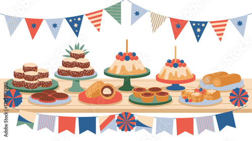 Festive Dessert Table with Cakes, Cookies, and Bunting Decorations for a Celebration