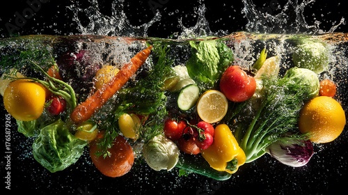 Assorted Fresh Vegetables and Fruits Splashing in Water with Photo Black Background image