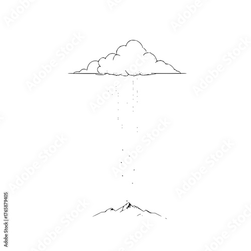 A minimalist illustration of a cloud raining on a mountain peak in black and white simple drawing style
