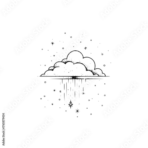 Stylized cloud releasing rain and stars in a black and white dreamy celestial illustration style