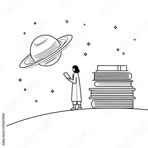 Illustration of a person reading a book with planet and stars in the background next to books stack