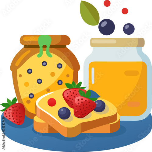 French toast with honey jar and berries  , white background