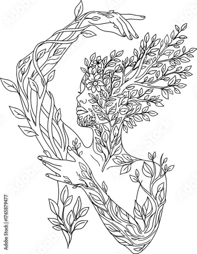 Elegant human outlines merging with leaves, vines, and tree branches - Botanical Human Outline Vector Set