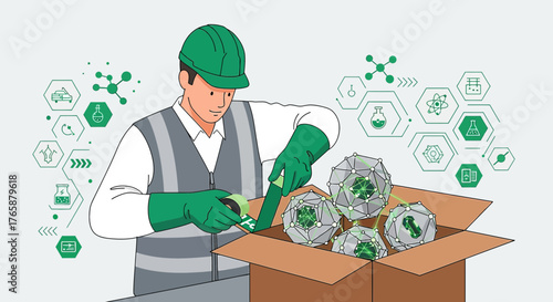 Illustration of a worker packaging advanced scientific prototypes for secure transportation in a