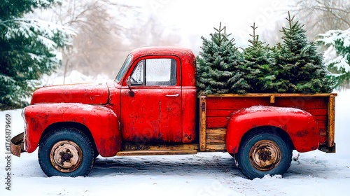 Red truck. Winter illustration with hand painted Christmas red pickup truck and holiday fir trees. Holiday artistic background for cards design.