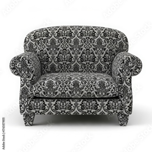 Comfortable armchair with intricate black and white damask pattern upholstery on white background