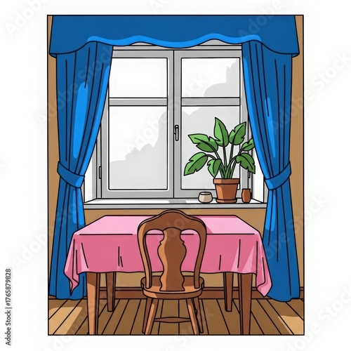 A cozy dining table with a pink tablecloth and a wooden chair set before a window with blue curtains